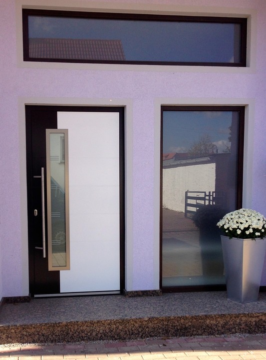 Eingangsbereich mit Festverglasungen und 1-flg Eingangstür mit Flügelüberdeckung 2-farbig