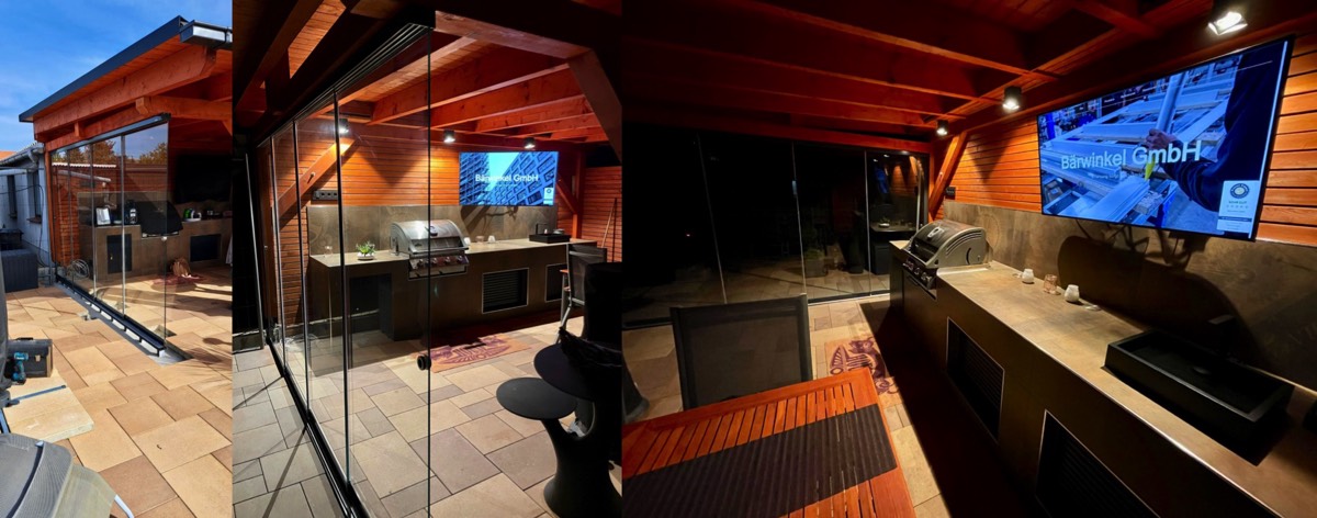 Sunflex SF20 Ganzglas-Schiebeanlage als Windschutz und "Raumtrenner" vor einer Outdoor Küche